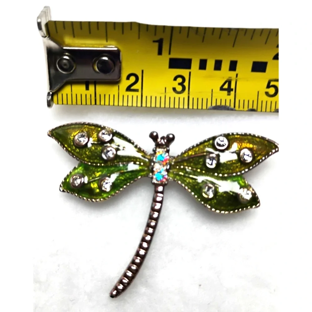 Green Enamel Dragonfly Brooch Pin Figural Rhinestone Wings Whimsical